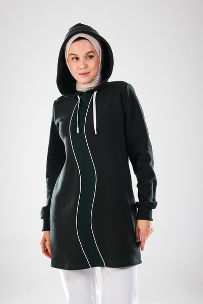 Plistre 2298_Γυναικείο με κουκούλα Ενδιάμεσο διακοσμητικό ρέλι Βαμβακερό ελαστικό μακρυμάνικο μακρύ φούτερ – Πικέ Τεσσέτουρ Αθλητικό Τούνικ