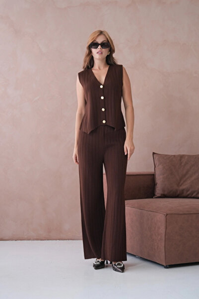 Park Karon Γυναικείο Σετ Πλεκτό Παντελόνι με λεπτομέρεια με κουμπιά σε σχήμα V