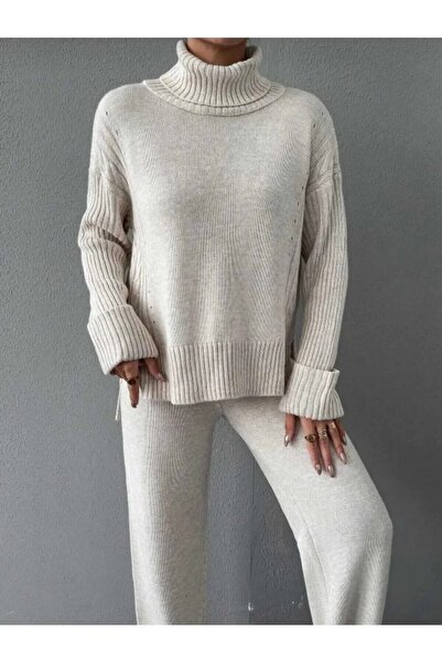 NEWCO Жіночий комплект з трикотажу з філігранним коміром, візерунком у вигляді косичок і розрізами з боків, антрацитовий