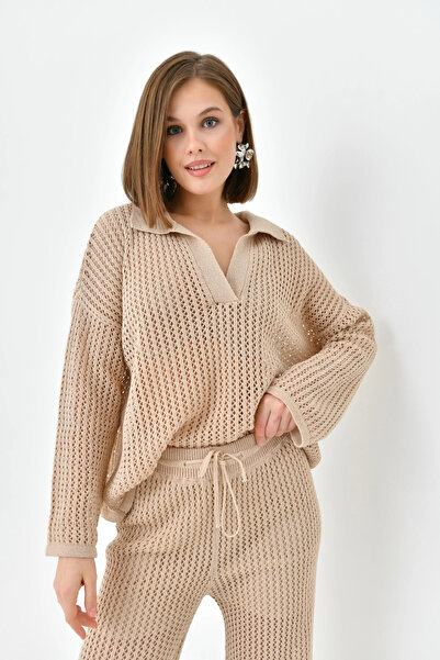 Park Karon Women's Polo Neck Knit Detail Sweater Lined Pants Two-Piece Knitwear Set