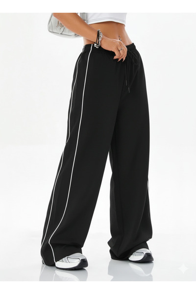 De Carte Kadın Oversize Bol Kesim Zip Side Yan İnce Çift Çizgili Pantolon Tarz Eşofman Altı