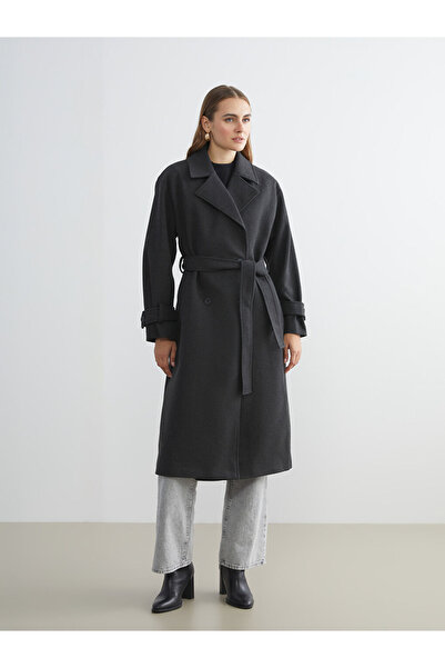 LC Waikiki Classic Anthracite Double-Breasted Collar Women's Cashmere Coat