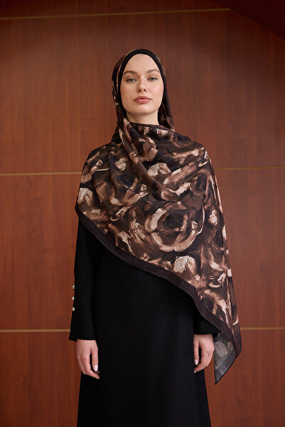 Moda Mevsimi İpekhan Kahverengi Serisi Desenli Kraş Şal 7019