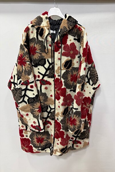 della moor Women's Ecru Italian Plus Size Wool Long Felt Coat Floral Zipper K Hooded 40-52 Size