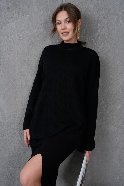 Park Karon Women's Mock Neck Sweater Slit Long Skirt Two-Piece Knitwear Set