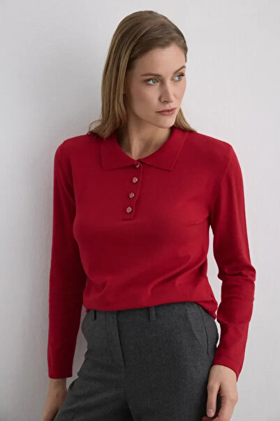 Gusto Polo Neck Buttoned Knit Blouse - Red