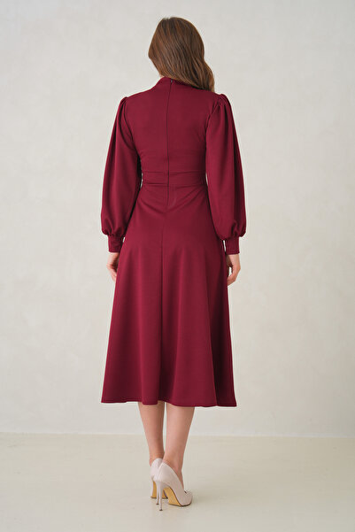 WOMAN VISION Women's Stretchy Crepe Fabric Detachable Gold Brooch Long Sleeve Midi Length Flared Cut Burgundy Dress 77155