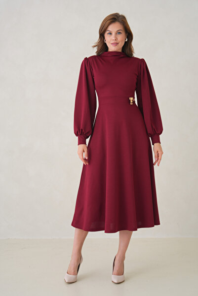 WOMAN VISION Women's Stretchy Crepe Fabric Detachable Gold Brooch Long Sleeve Midi Length Flared Cut Burgundy Dress 77155