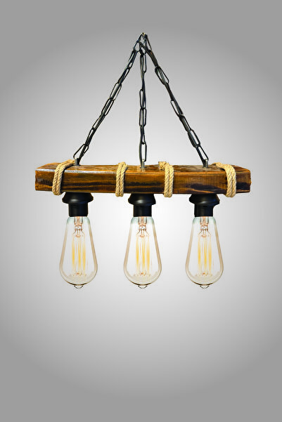 Bakasana El Yapımı Rustik Ahşap Avize Üç Lambalı