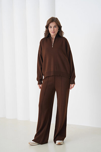 Park Karon Women's Mock Neck Half Placket Zipper Slit Sweater Pants Two-Piece Knitwear Set