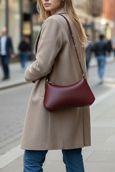 DEMESİ Women's Zippered Burgundy Dorella Baguette Bag with Gold Accessory Detail