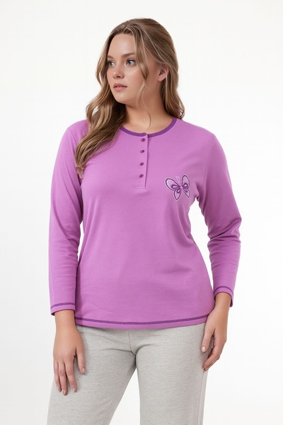 MAMAYAGA Women's Crew Neck Buttoned Butterfly Embroidered Long Sleeve Plus Size Cotton Curve Nightgown