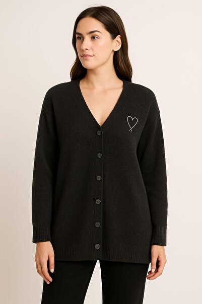 Mixray Uzun Kollu Kalp Desenli V Yakalı Yün Karışımlı Düğme Detaylı Triko Hırka