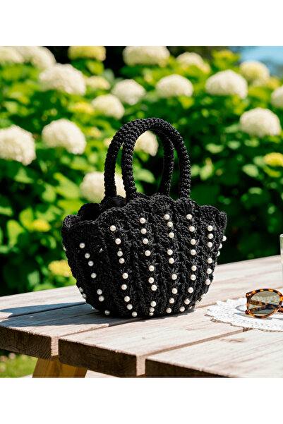 Boutique de Carbon Geantă neagră cu detalii tricotate pentru femei - (Pearl R...