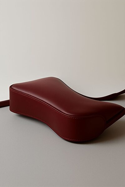 DEMESİ Women's Zippered Burgundy Dorella Baguette Bag with Gold Accessory Detail