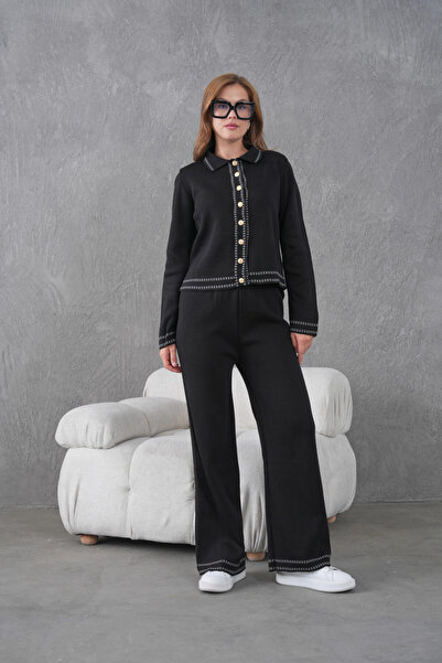 Park Karon Women's Shirt Collar Button Detail Jacket Pants Two-Piece Knitwear Set