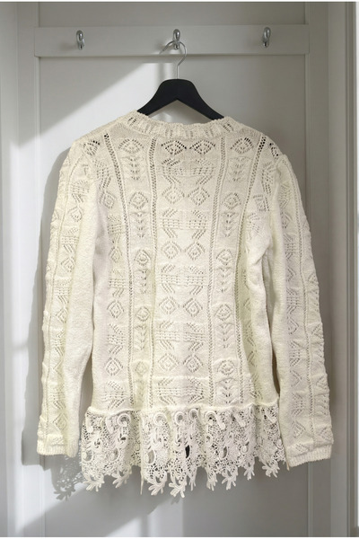 FEMELLE Women's White Hem Lace Knitted Sweater Cardigan