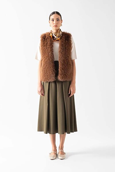 Spazio Fiorello Yakasız Kolsuz Kürk Yelek KAHVE