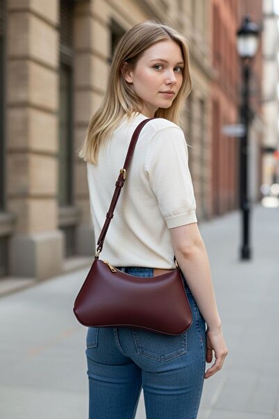 DEMESİ Women's Zippered Burgundy Dorella Baguette Bag with Gold Accessory Detail