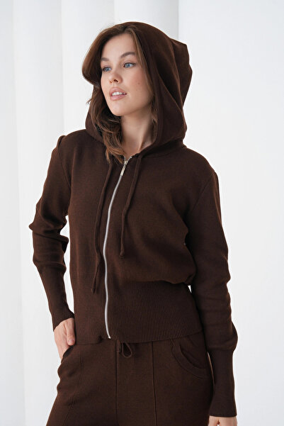 Park Karon Дамски комплект от пуловер с качулка и цип и панталони, плетен, двукомпонентен