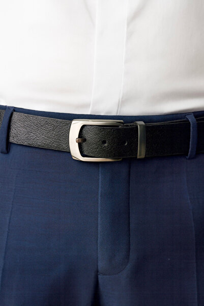 GAYIŞ 3.5cm Genuine Leather Men's Fabric Trouser Belt Black Single Piece Classic Belt with Metal Bridge