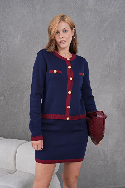 Park Karon Women's Crew Neck Button Detail Jacket Skirt Two-Piece Knitwear Set