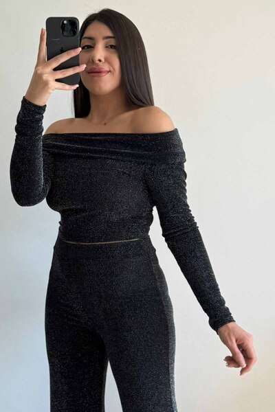 CİDDE Women's Madonna Collar Glitter Blouse