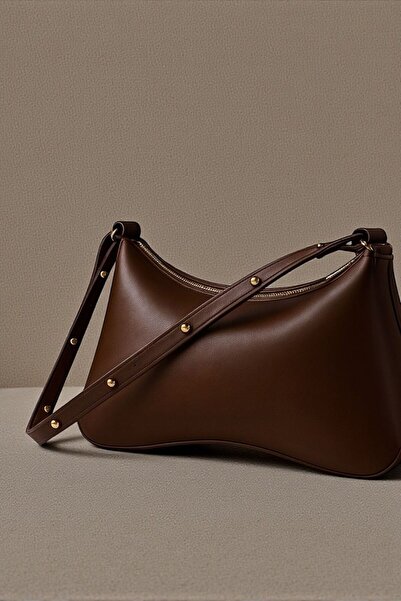 DEMESİ Women's Zippered Brown Dorella Baguette Bag with Gold Accessory Detail