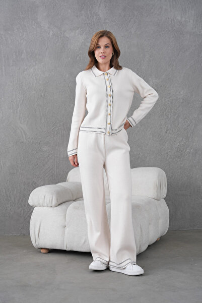 Park Karon Women's Shirt Collar Button Detail Jacket Pants Two-Piece Knitwear Set