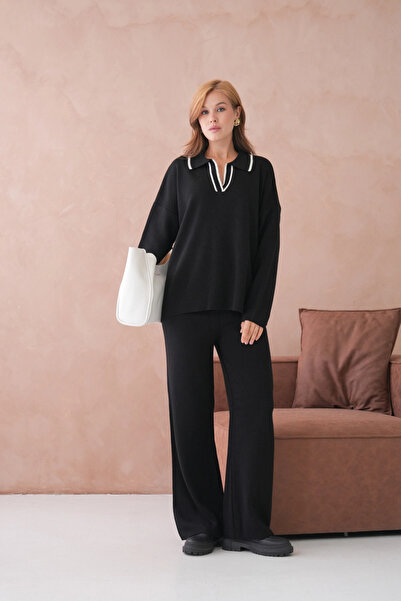 Park Karon طقم تريكو نسائي مكون من قطعتين، كنزة فضفاضة بياقة بولو وفتحة نصفية...