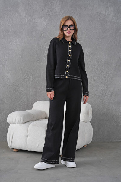 Park Karon Women's Shirt Collar Button Detail Jacket Pants Two-Piece Knitwear Set