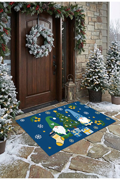 dekorasyonnoktam Mavi Zeminli Yılbaşı Cüceleri ve Çam Ağacı Desenli Dekoratif...