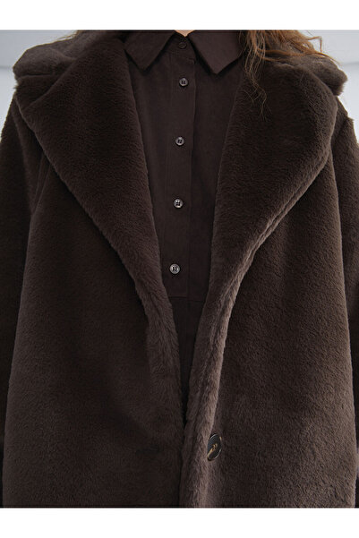 LC Waikiki Γυναικείο γούνινο παλτό με γιακά σε καφέ χρώμα
