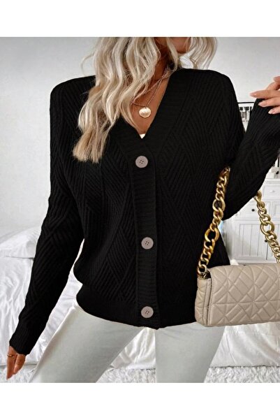 GNY TEXTİLE Buttoned Model Diamond Patterned Woven Detailed Long Sleeve Knitwear Cardigan