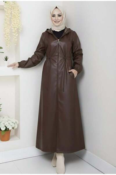 Hb Harma Time Butik Γυναικείο καπάκι με με κουκούλα φερμουάρ εσωτερικά επένδυση fleece καφέ δερμάτινο καπάκι