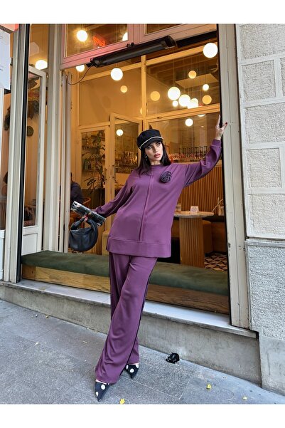 Moda İkra Women's Top and Bottom Set with Rose Detail at the Collar and Slit Details on the Sides.