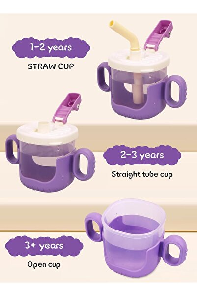 Homarket Spill-Proof Toddler Cups, 2-Pack (150ml + 300ml) with Handles & Straw Lid — Purple & Pink