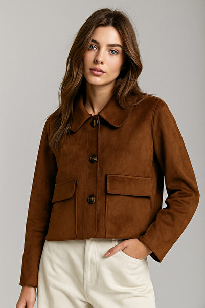 Rich Women's Brown Flap Patch Pocket Shirt Collar Buttoned Suede Jacket