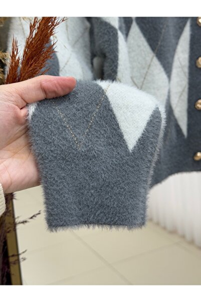 MİHRA STORE Capisa Gold Buttoned Diamond Pattern Bearded Cardigan-Kr5030 Anthracite