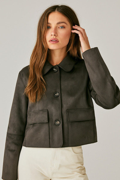 Rich Women's Smoked Cap Sleeves Patch Pocket Shirt Collar Buttoned Suede Jacket