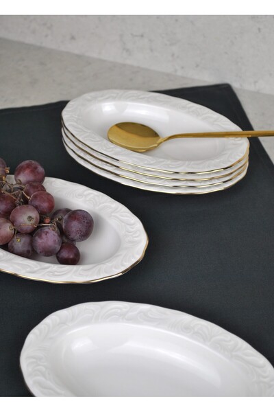 Qualitev 6-Piece Gold Gilded Porcelain Boat Plate 12X19 cm Presentation Plate Medium Size