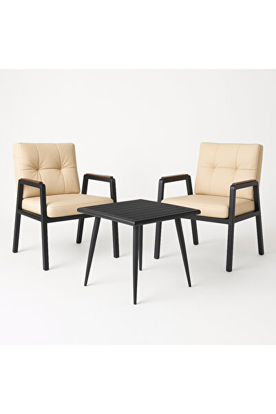 Ebticar Beige & Black Outdoor Tea Set with Foam Cushions – 2 Chairs & 1 Table