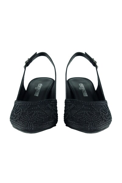 Erkan Saçmacı Estelle Black Satin Stone Mesh Pointed Toe Thick Heeled Open Back Evening Dress Shoes