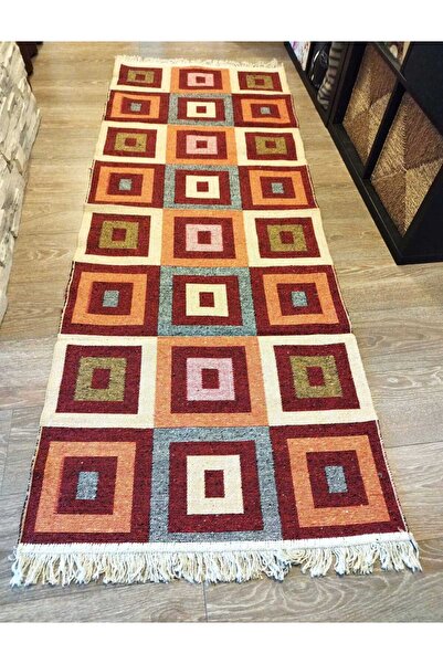 OEM Traditional woven jute rug, reversible, 80 x 200 cm, red and cream, Geometric 2