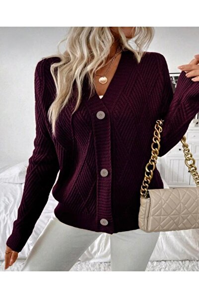 GNY TEXTİLE Buttoned Model Diamond Patterned Woven Detailed Long Sleeve Knitwear Cardigan