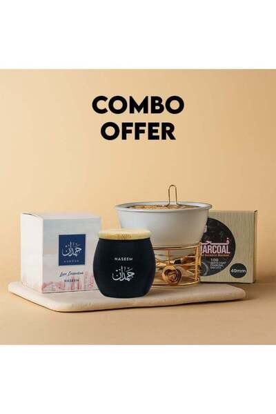 Naseem Oud Muattar Hamdan Bakhoor Combo with Designer Burner & 100 Charcoal Tablets