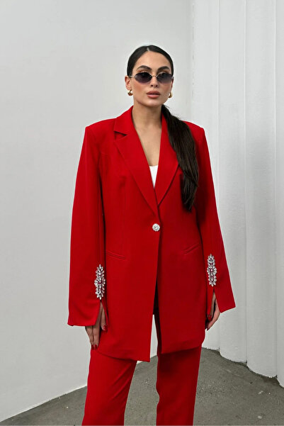 ZF BUTİK Women's Stone Detailed Double Pipe Leg Blazer Jacket Pants Set