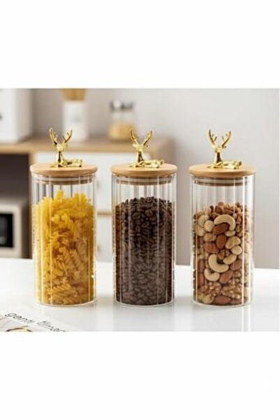 Qerhome 3-Piece Borosilicate Glass Jar with Gold Deer Figure and Bamboo Lid 1000 ml