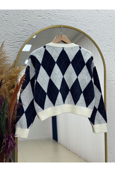 MİHRA STORE Capisa Gold Buttoned Diamond Pattern Bearded Cardigan-Kr5030 Navy Blue