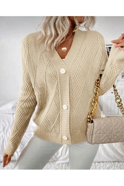 GNY TEXTİLE Buttoned Model Diamond Patterned Woven Detailed Long Sleeve Knitwear Cardigan